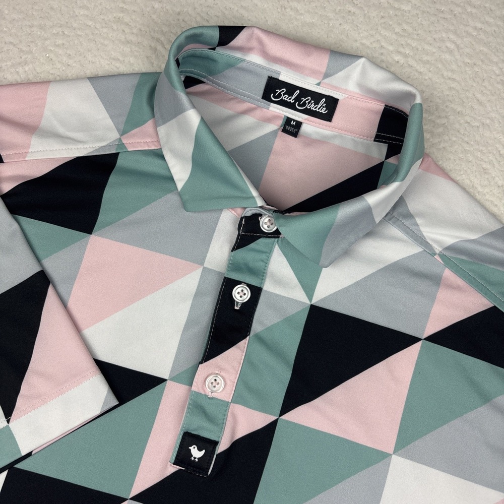 BAD BIRDIE Polo Shirt Mens Medium Geometric Print Performance Golf Modern